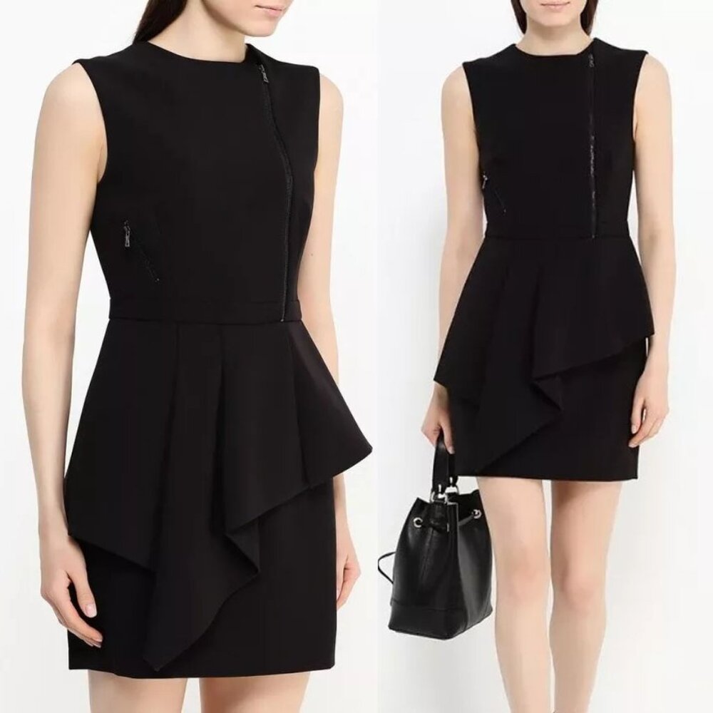 BCBGMaxAzria Black Nikki Zip Front Peplum Mini Dress 10 Stretchy Ponte Y2K $298